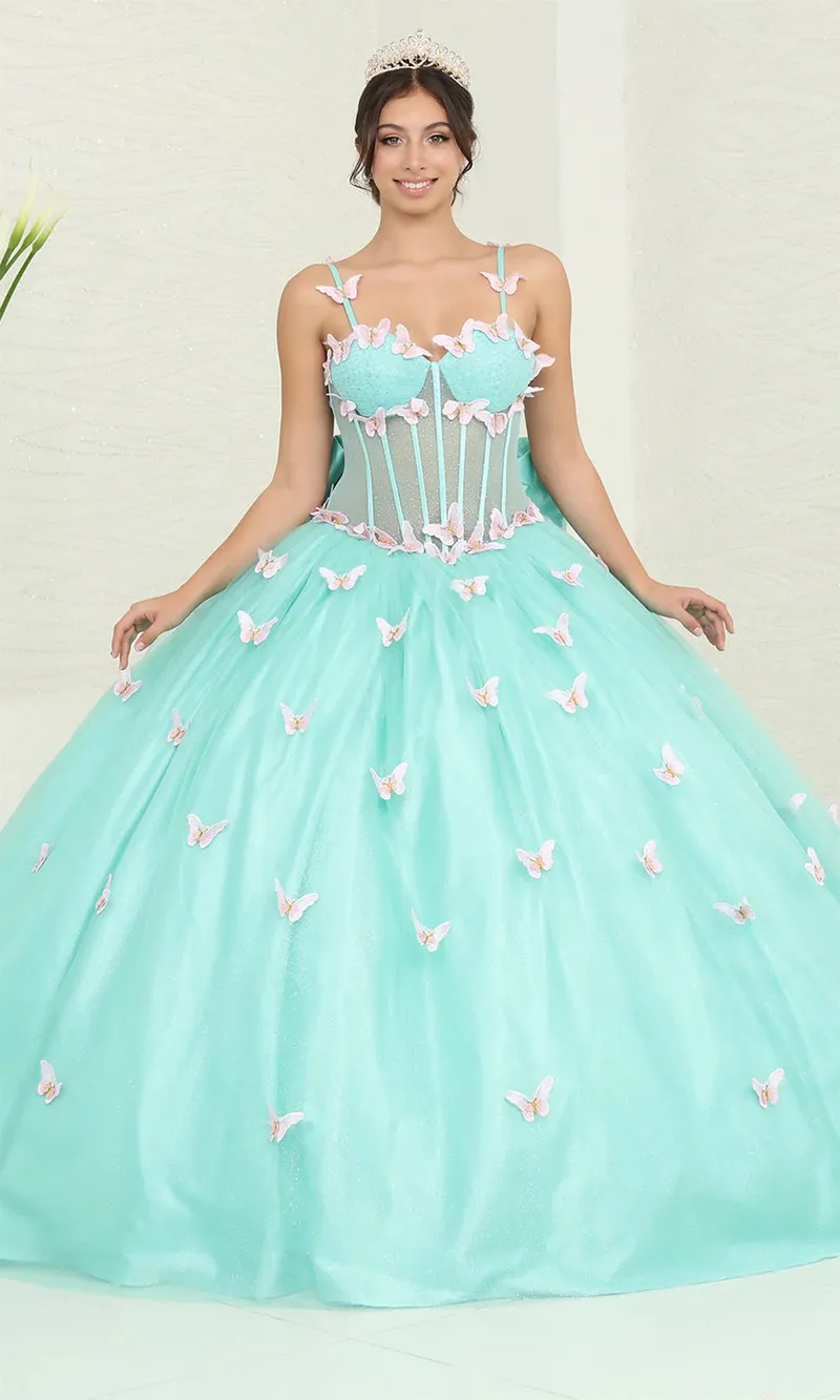 Vestido de 15 años tiras color Menta estilo corset con transparencia decorado con apliques y mariposas en 3D