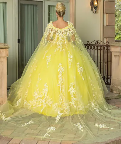 Vestido de 15 años Strapless decorado con apliques de flores en 3D y falda corte Princesa