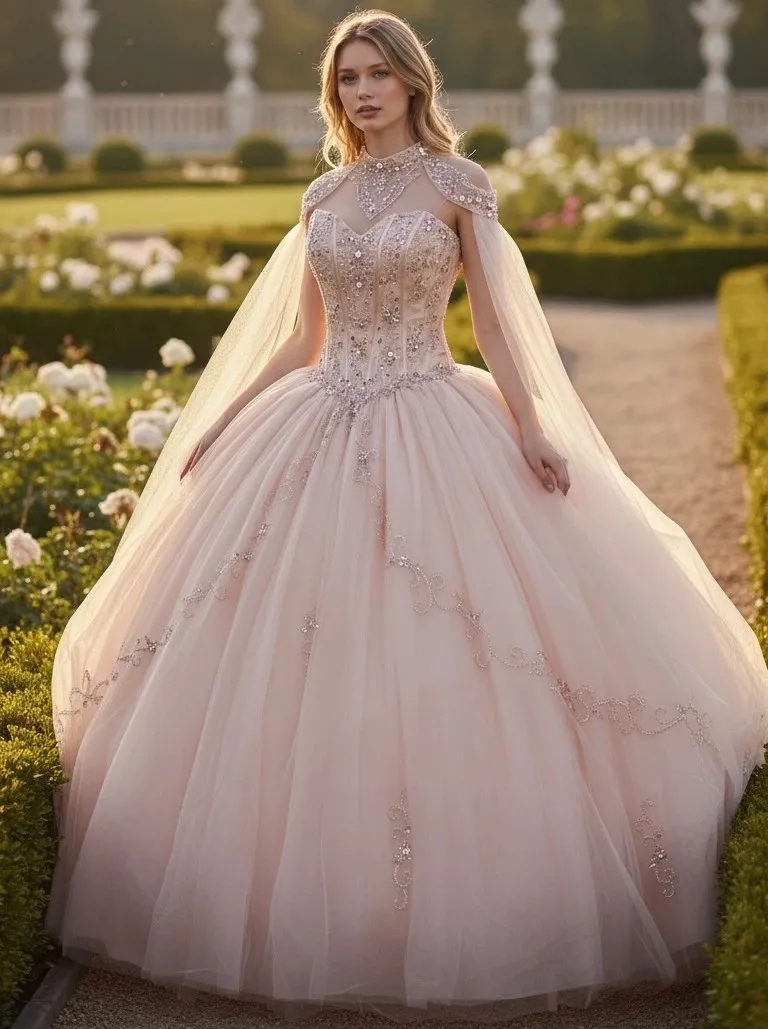 Vestido de 15 años con capa decorado con pedrería y falda corte Princesa