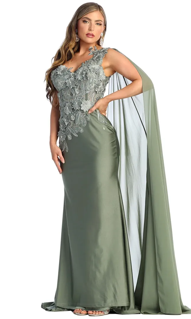 Vestido de Gala One Shoulder ajustado, decorado con apliques de flores en Top y manga con capa