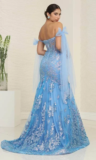 Vestido de Gala Off Shoulder estilo corset con transparencia decorado con Glitter y falda corte Sirena