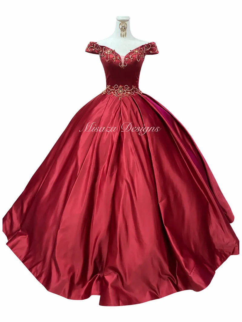 Elegante vestido de gala borgoña con bordados dorados