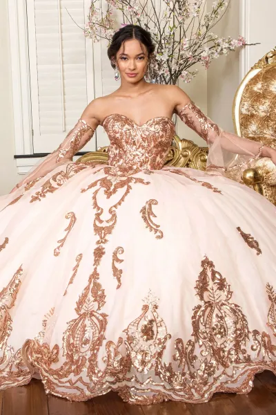 Vestido de 15 años Imperium Strapless con mangas tipo guantes decorado con apliques