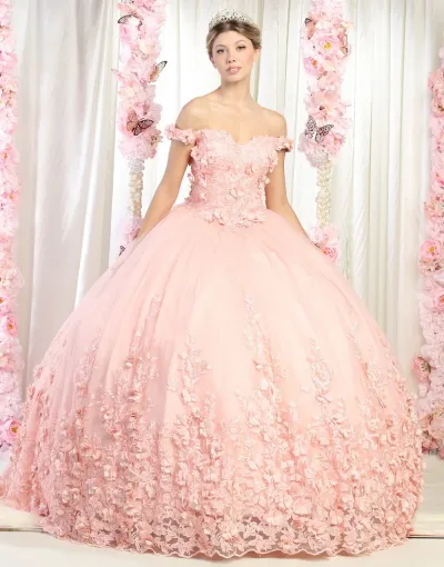 Vestido de 15 años Off Shoulder decorado con apliques de flores y falda corte Princesa