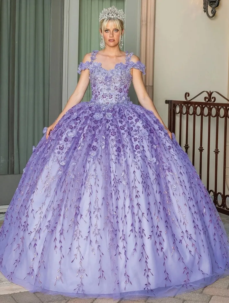 Vestido de 15 años Off Shoulder en tela de Glitter y flores en 3D, falda corte Princesa