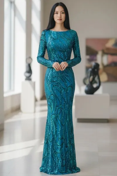 Vestido de Gala manga larga Cuello Halter ajustado al cuerpo color Menta decorado con lentejuelas y falda corte A