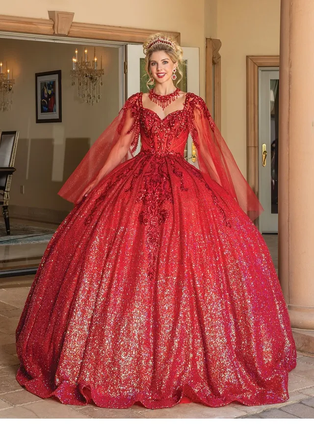Vestido de 15 años en tela de Glitter decorado con apliques rojos mangas de Tull y falda corte Princesa