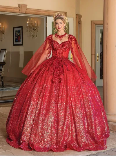 Vestido de 15 años en tela de Glitter decorado con apliques rojos mangas de Tull y falda corte Princesa