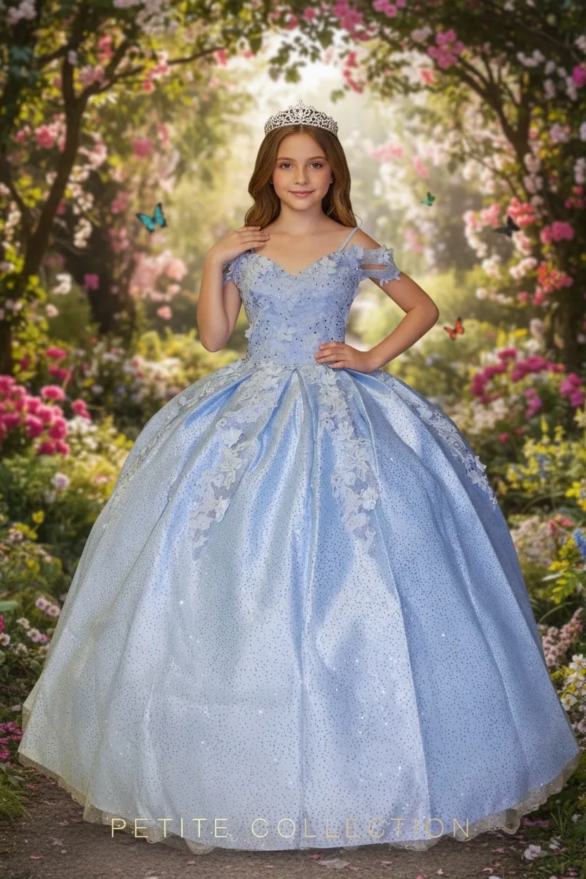 Vestido Petit corte princesa Off Shoulder decorado con apliques de Flores en 3D