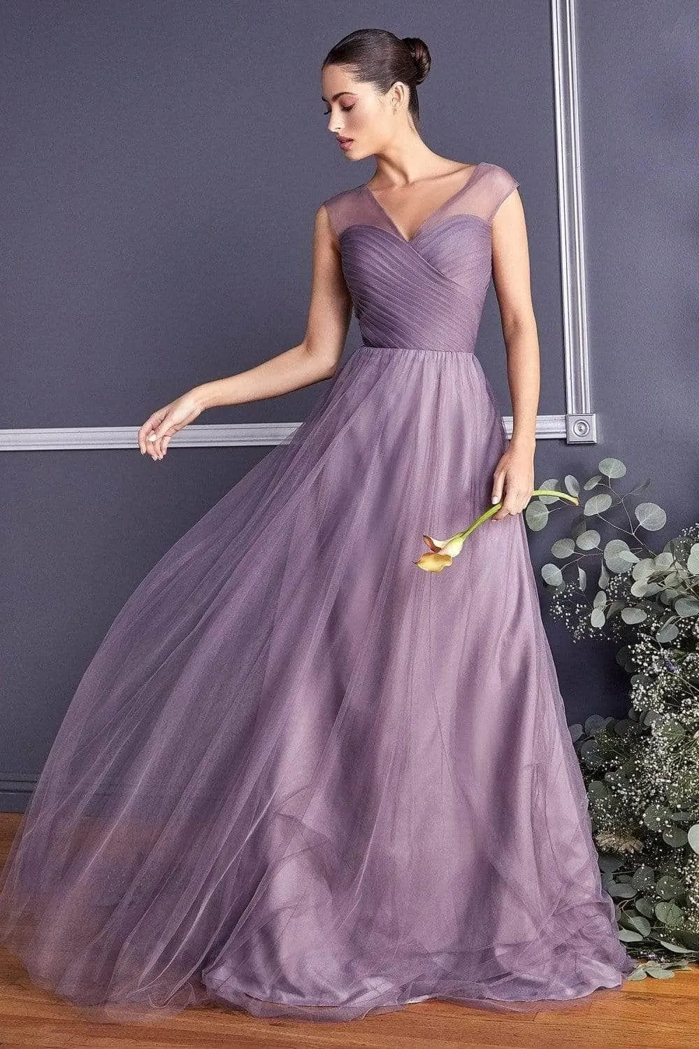 Vestido de Gala en tela de Tull color Orchid con drapeado y falda corte A