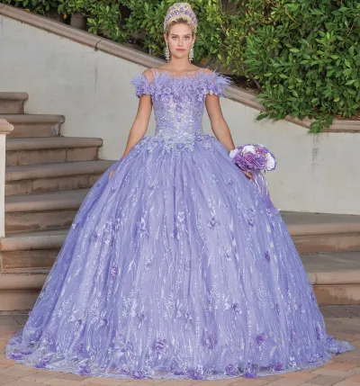 Vestido de 15 años Off Shoulder decorado con apliques de Glitter y falda corte Princesa