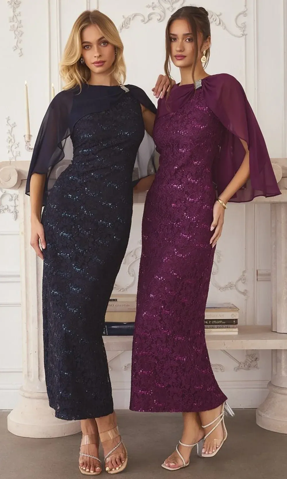 Vestido midi con chal en tela decorada con apliques y lentejuelas