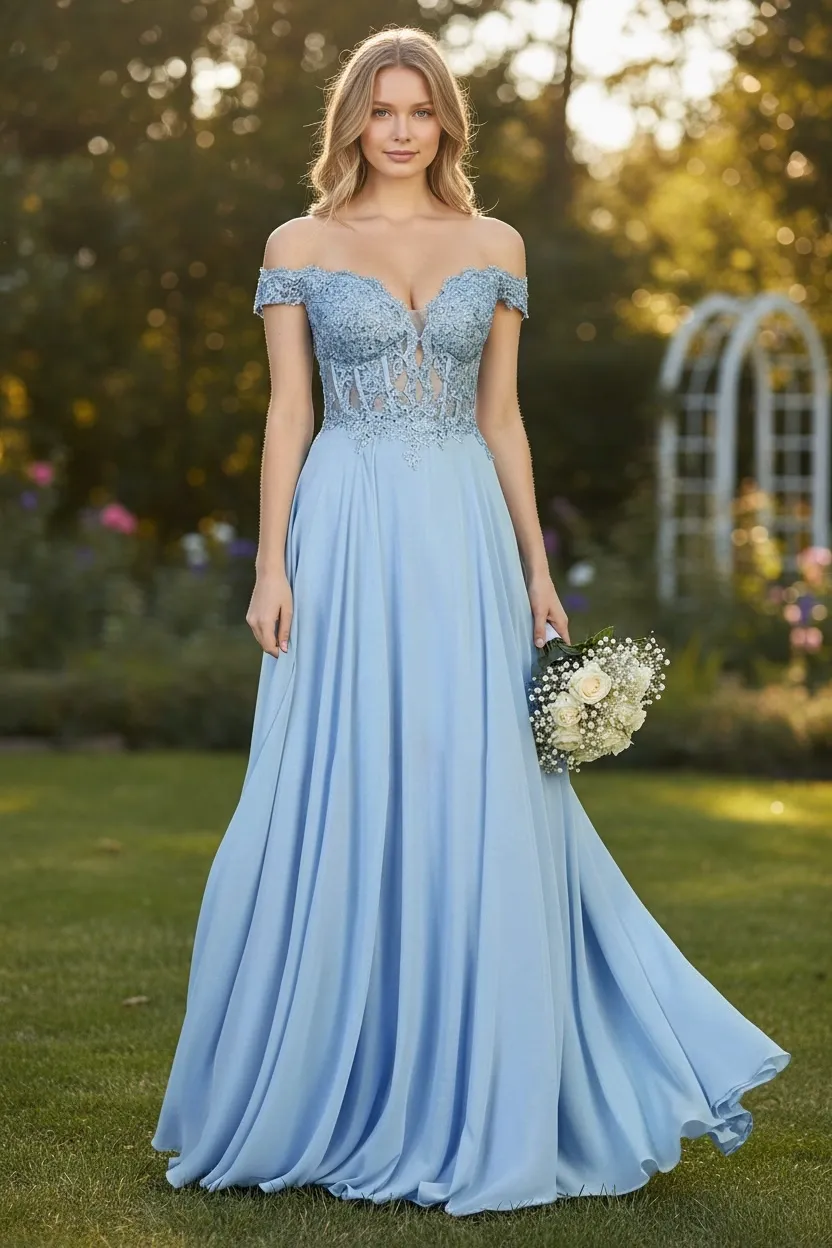 Vestido de 15 años Off Shoulder con apliques y semi-transparente en top