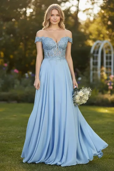 Vestido de 15 años Off Shoulder con apliques y semi-transparente en top