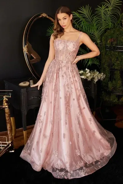 Vestido de Gala de tiras con decoraciones en Glitter y falda corte A
