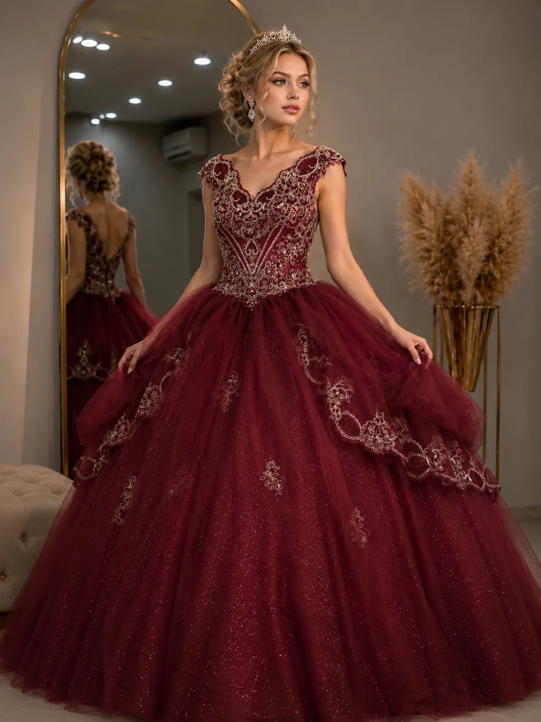 Vestido de 15 años decorado con apliques en dorado y falda corte Princesa con brillos