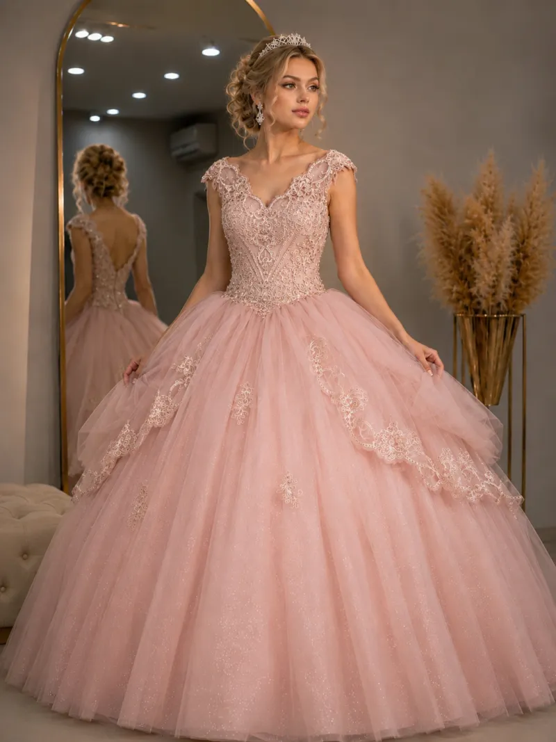 Vestido de 15 años decorado con apliques en dorado y falda corte Princesa con brillos