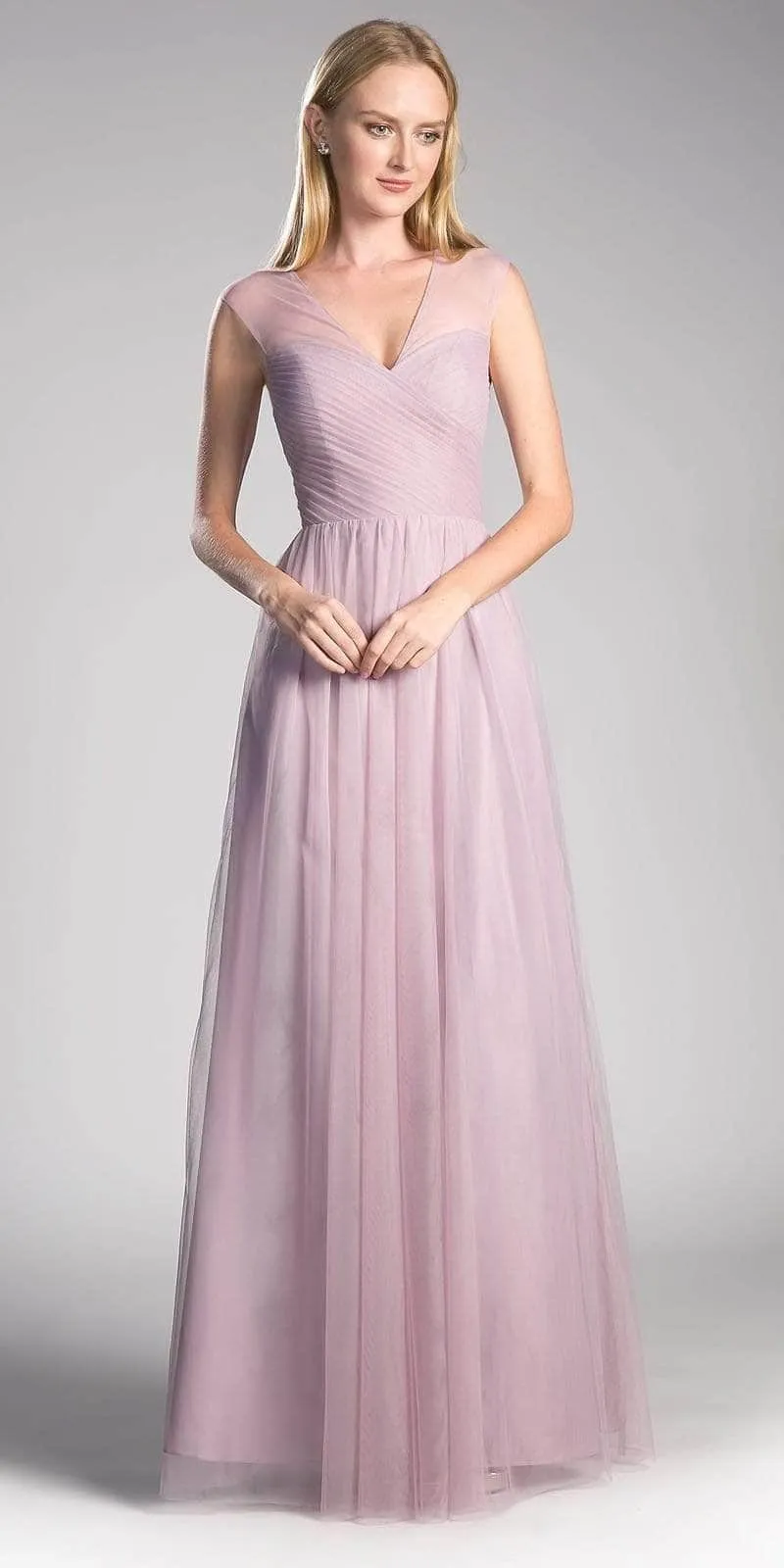 Vestido de Gala en tela de Tull color Mauve con drapeado y falda corte A