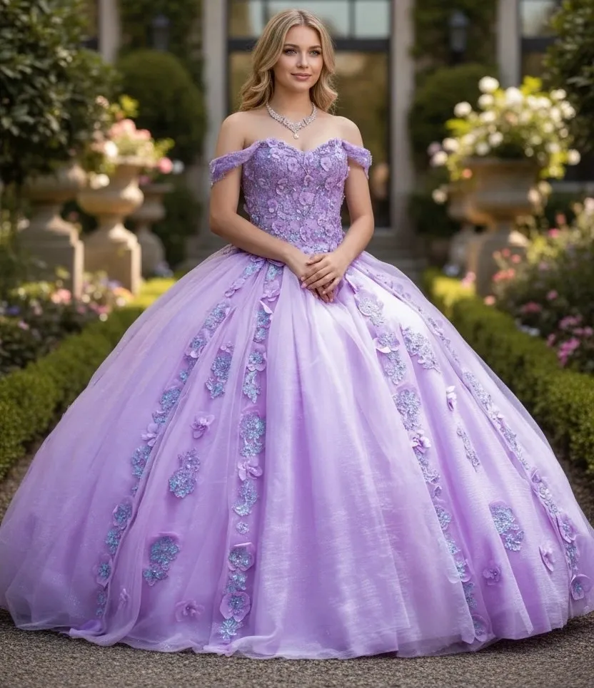 Vestido de 15 años de tiras decorado con apliques y flores en 3D en tela de glitter falda corte princesa