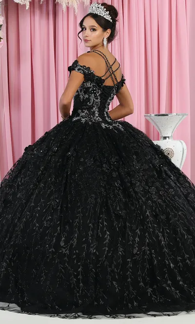 Vestido de 15 años Off Shoulder decorado con apliques y flores en 3D en tela de glitter falda corte princesa