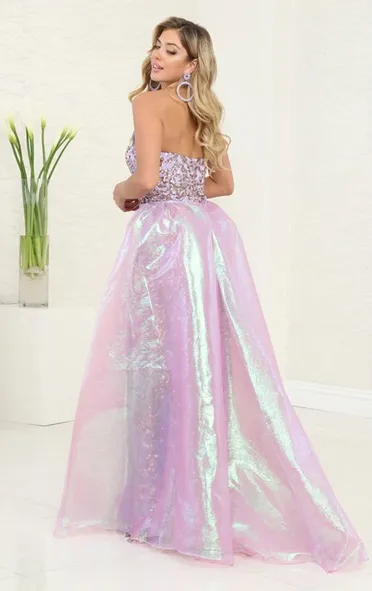 Vestido de Gala Strapless decorado con lentejuelas doradas y sobrefalda