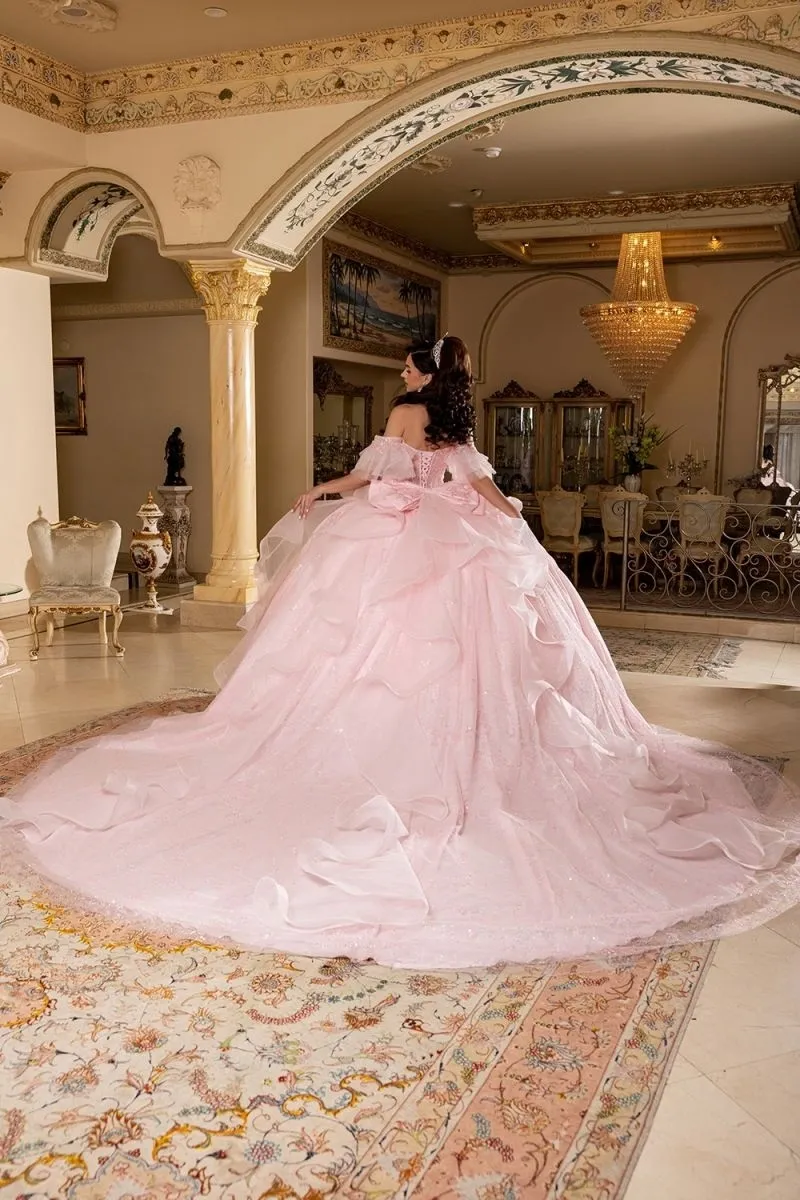 Vestido de 15 años Imperium Off Shoulder falda corte Princesa con cola y lazo