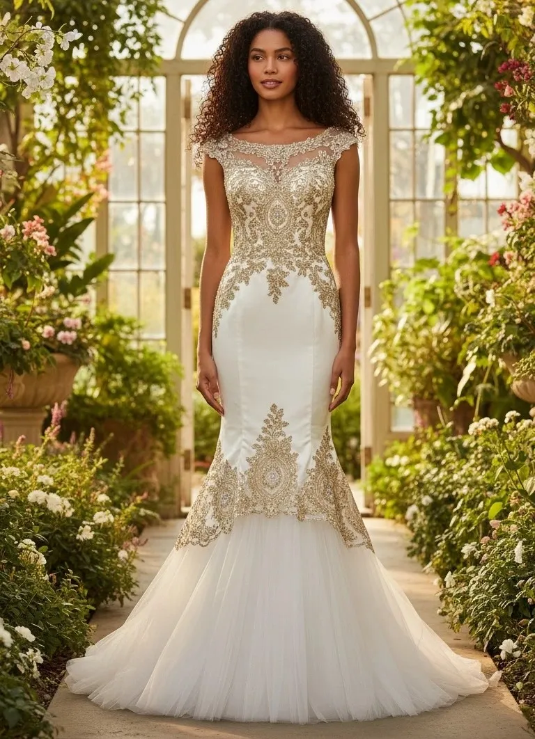 Vestido de Gala color Blanco pegado Off-Shoulder decorado con apliques dorados y falda corte sirena