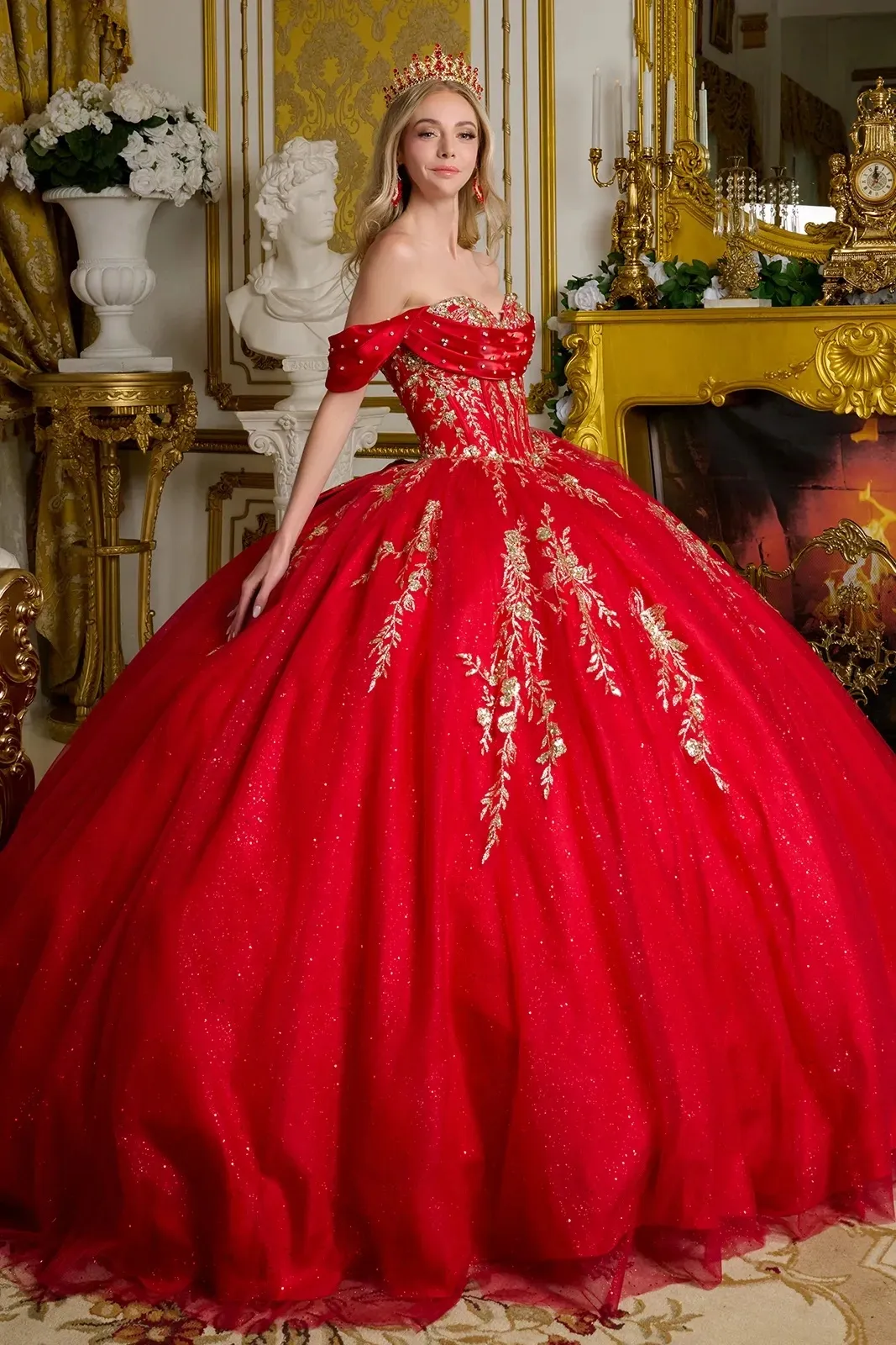 Vestido de 15 años Imperium Off Shoulder falda corte Princesa con cola y lazo
