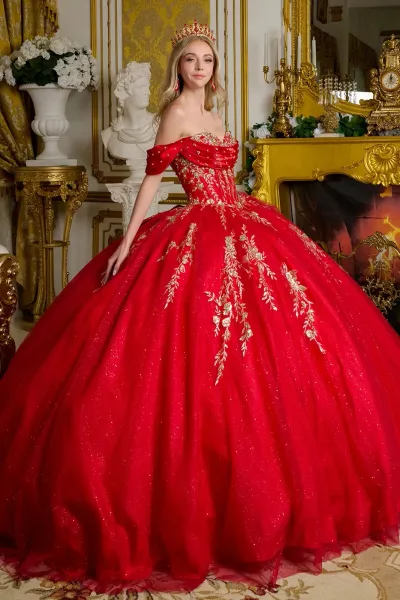 Vestido de 15 años Imperium Off Shoulder falda corte Princesa con cola y lazo