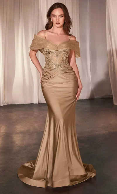 Vestido de Gala de tiras color Dorado con apliques y drapeado en top