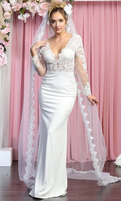 Vestido de Novia Cuello corte V ajustado manga larga con transparencia decorado con apliques