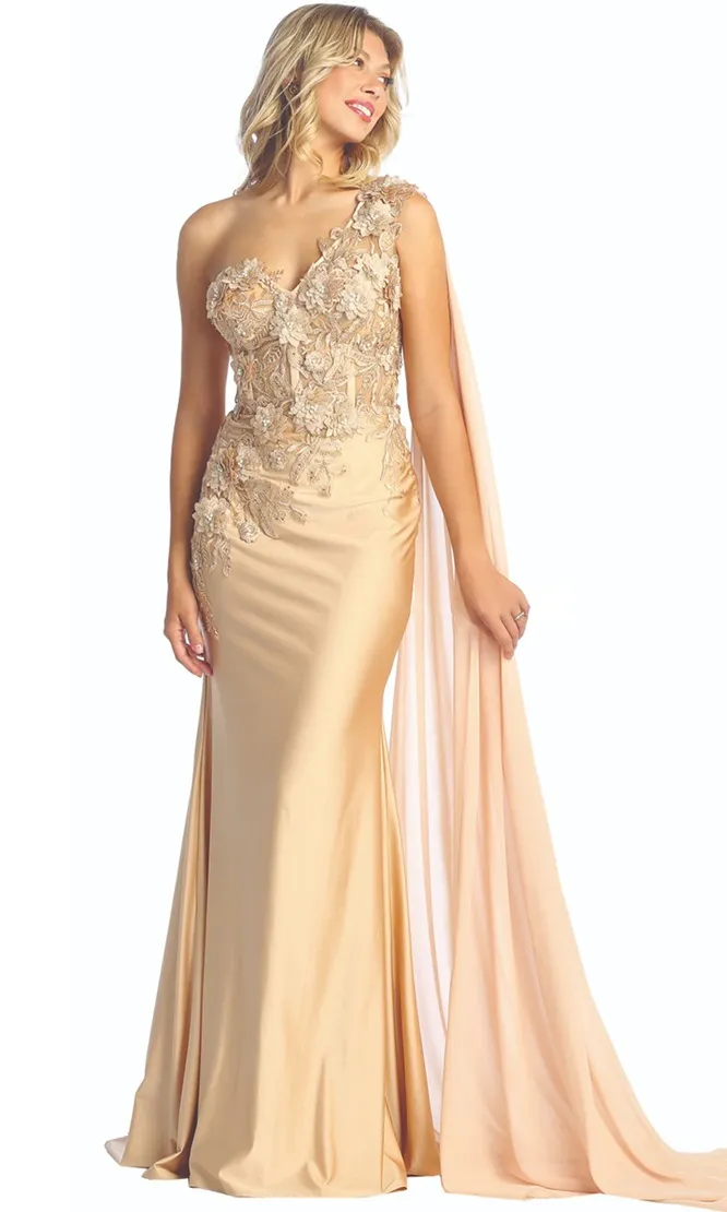 Vestido de Gala One Shoulder ajustado, decorado con apliques de flores en Top y manga con capa