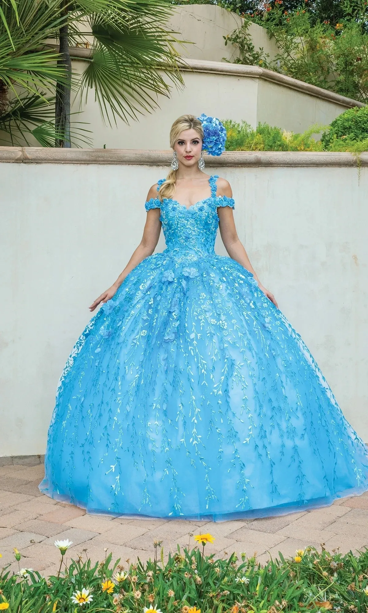 Vestido de 15 años Off Shoulder en tela de Glitter y flores en 3D, falda corte Princesa