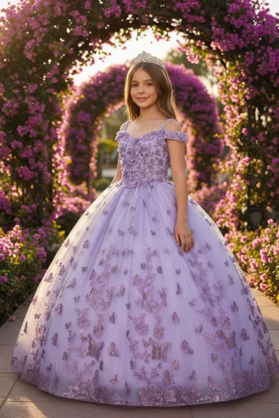 Vestido Petit corte princesa Off Shoulder decorado con apliques de Mariposas en Glitter