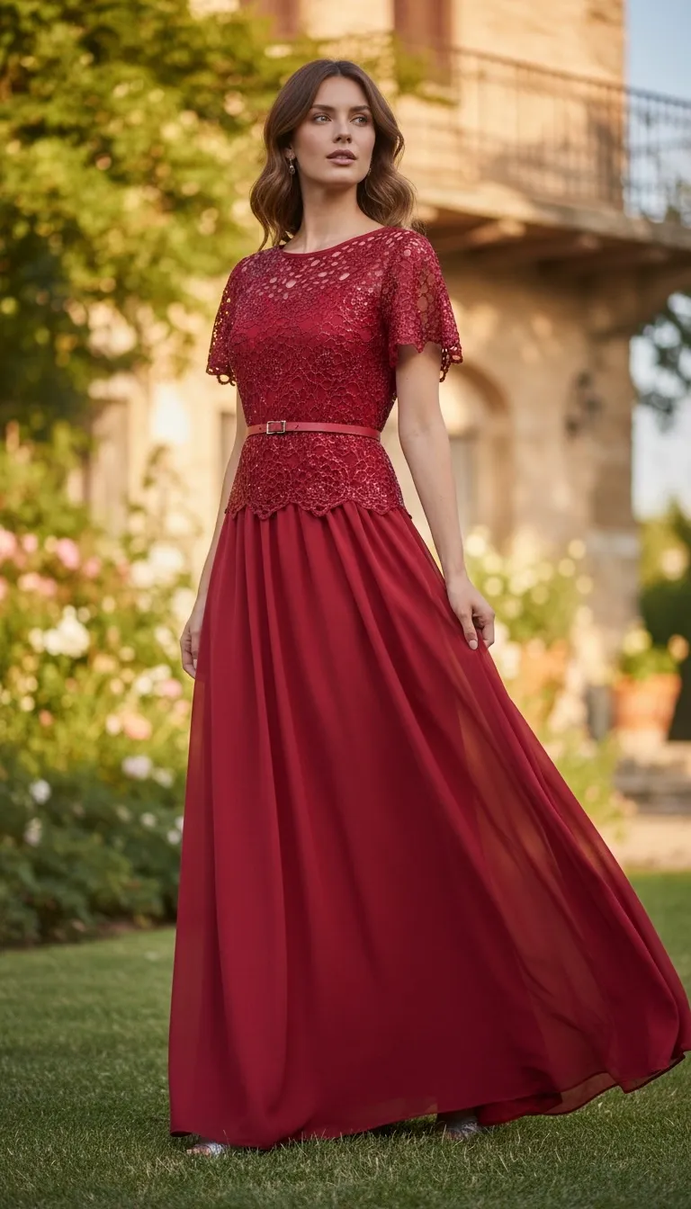Vestido largo con mangas tipo camiseta de encaje decorado con microlentejuelas y falda corte A