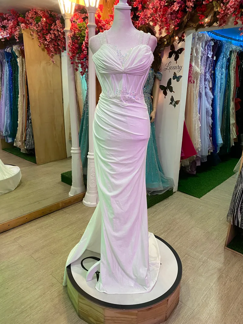 Vestido de Novia Strapless estilo corset color Blanco drapeado decorado con apliques con microlentejuelas de tornasol