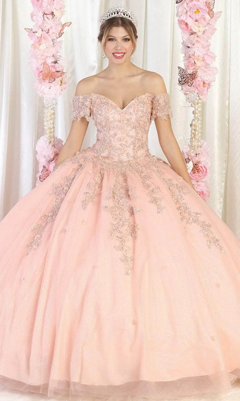 Vestido de 15 años Off Shoulder con mangas de Tull desmontables, decorado con apliques de Glitter y falda corte princesa
