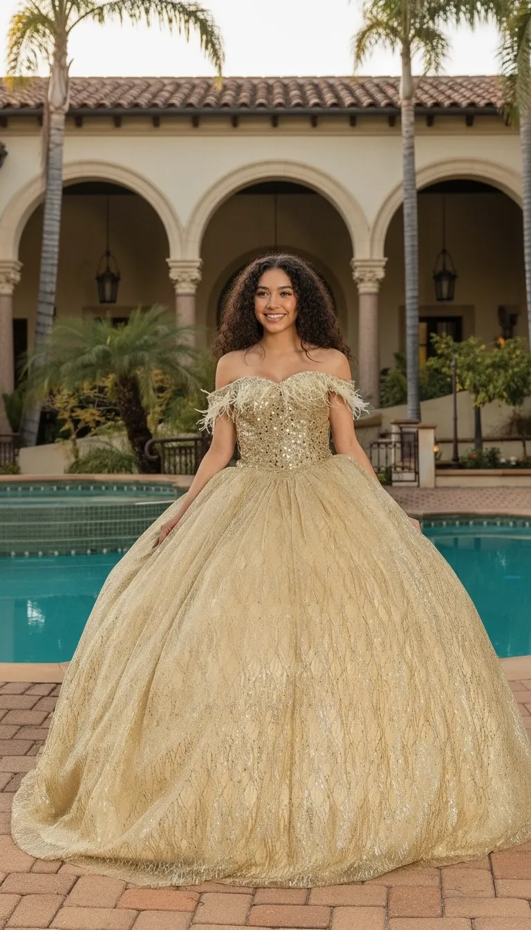 Vestido de 15 años Off Shoulder decorado con Pedreria y lentejuelas en Top, plumas desmontables en mangas y falda corte Princesa de Glitter