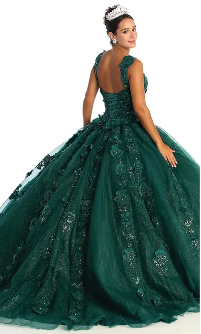 Vestido de 15 años de tiras decorado con apliques y flores en 3D en tela de glitter falda corte princesa