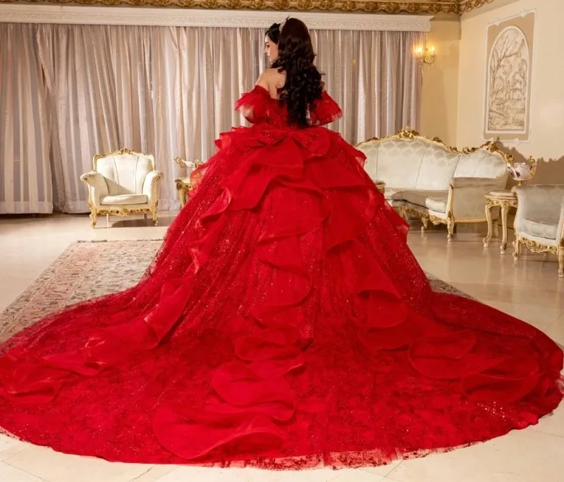Vestido de 15 años Imperium Off Shoulder falda corte Princesa con cola y lazo