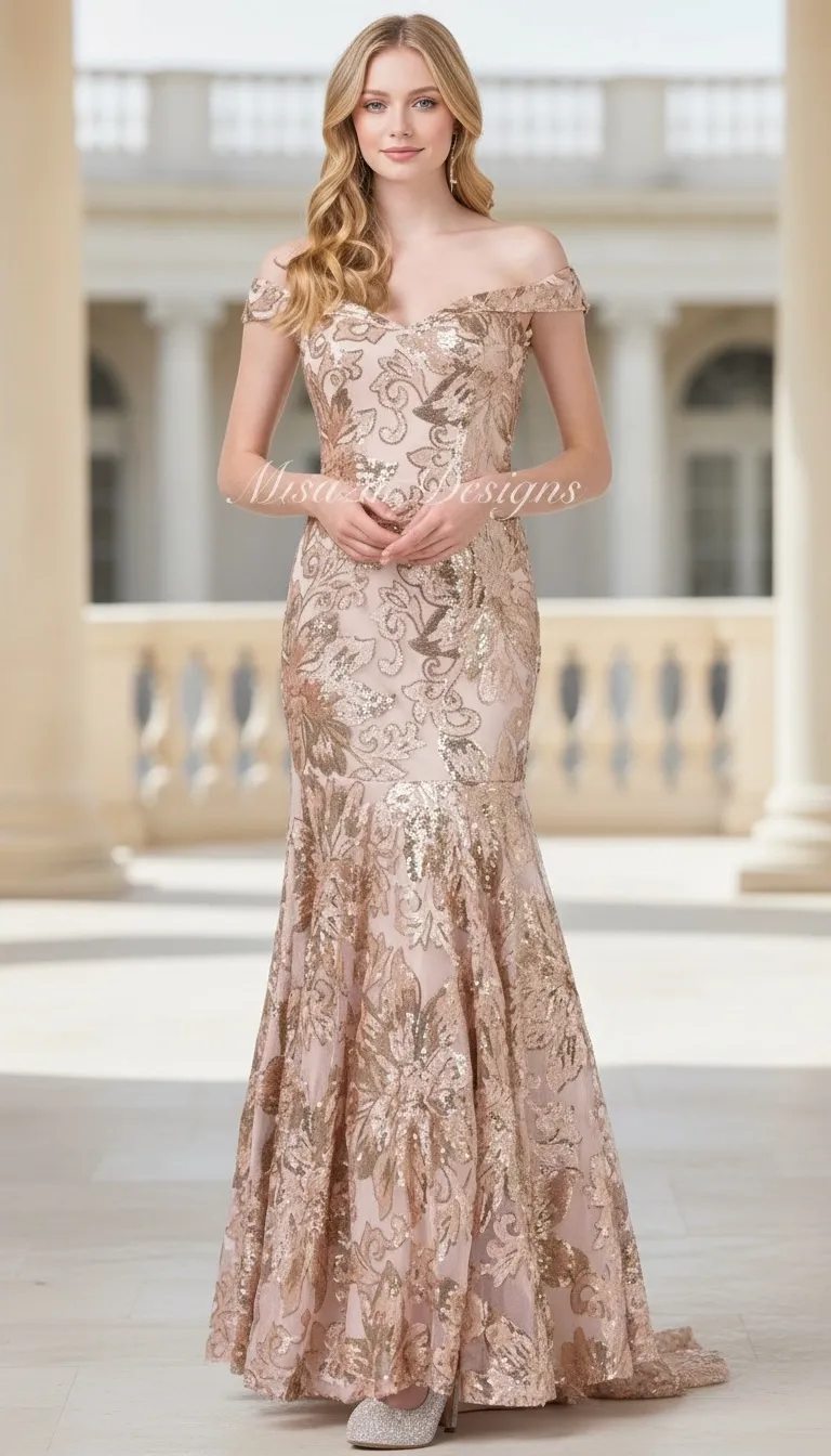 Vestido de Gala Off Shoulder decorado con lentejuelas y apliques en forma de flores, falda corte sirena