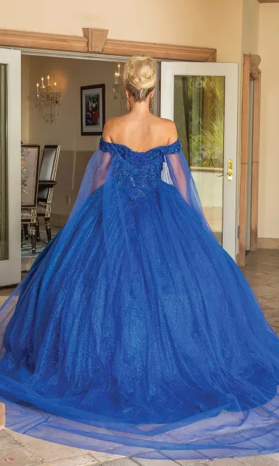 Vestido de 15 años Off Shoulder en tela de Glitter decorado con flores en 3D y falda corte Princesa