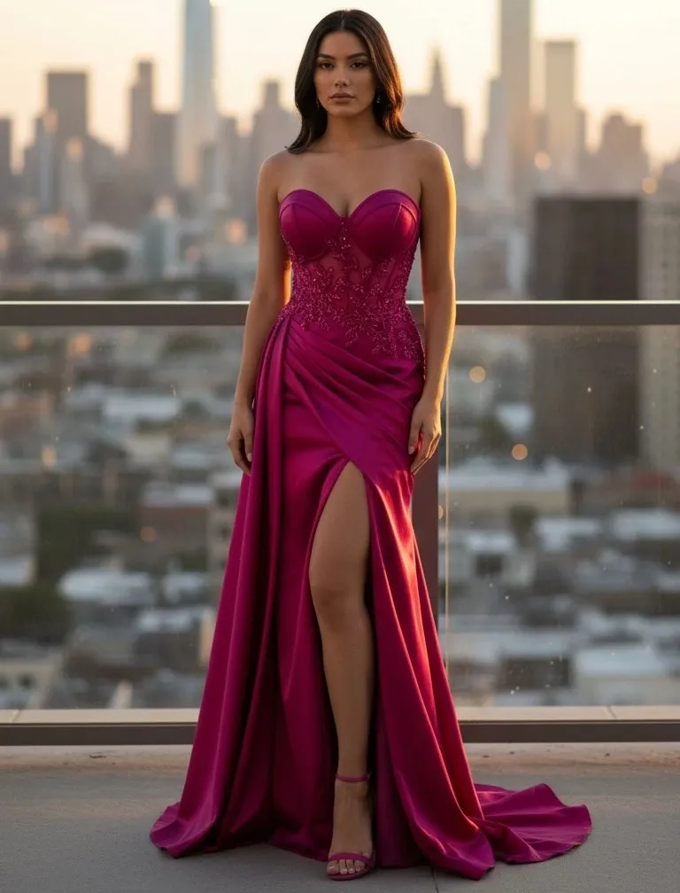 Vestido de Gala Strapless, escote corazón decorado con apliques y pedreria, falda con drapeado y abertura lateral