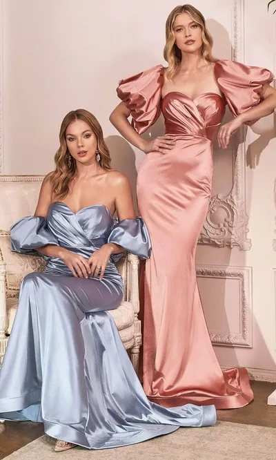 Vestido de Gala con mangas abullonadas drapeado en top color Rosado ajustado y falda corte sirena