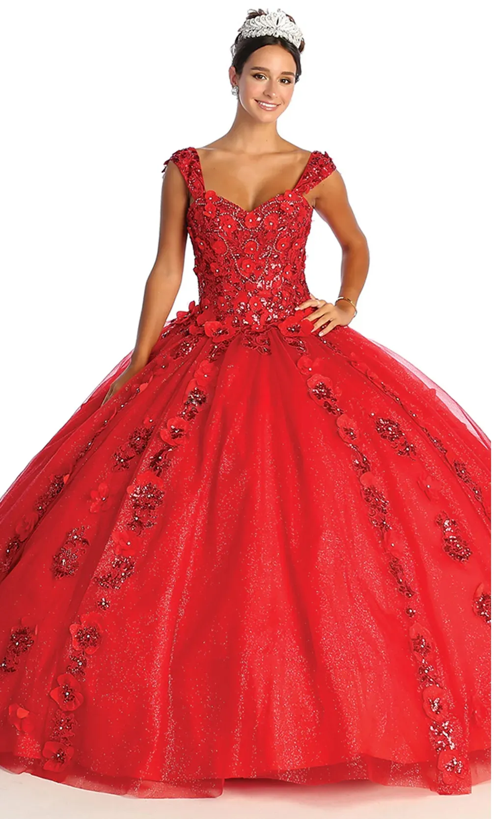 Vestido de 15 años de tiras decorado con apliques y flores en 3D en tela de glitter falda corte princesa