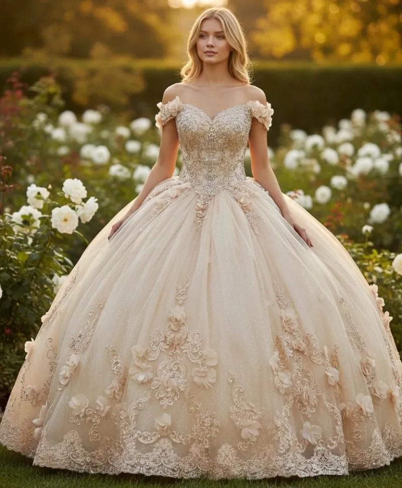 Vestido de 15 años decorado con pedreria en Top, falda corte Princesa decorada con apliques de Flores y Glitter
