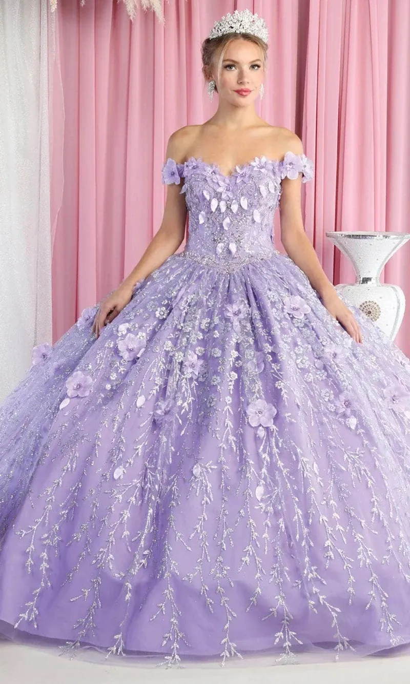 Vestido de 15 años Off Shoulder decorado con apliques y flores en 3D en tela de glitter falda corte princesa
