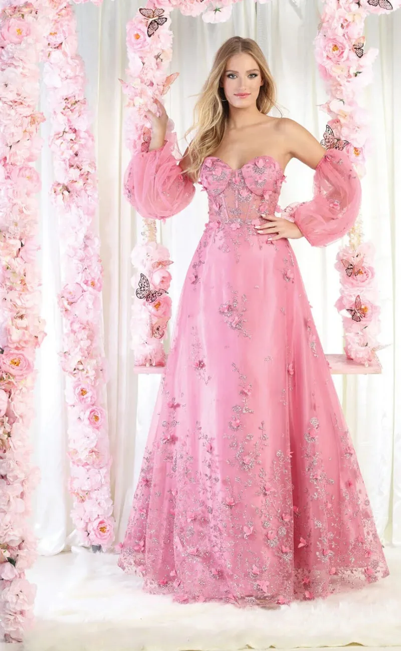 Vestido de Gala color Rosa decorado con Glitter y Flores en 3D falda corte A y mangas abullonadas