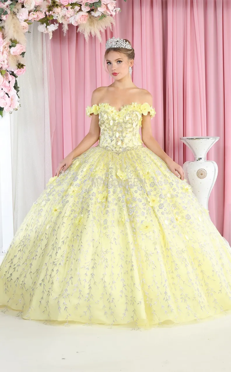 Vestido de 15 años Off Shoulder decorado con apliques y flores en 3D en tela de glitter falda corte princesa