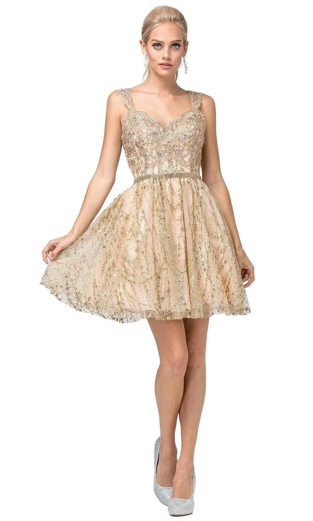 Vestido corto de Quinceañera de tiras decorado con apliques de Glitter en top